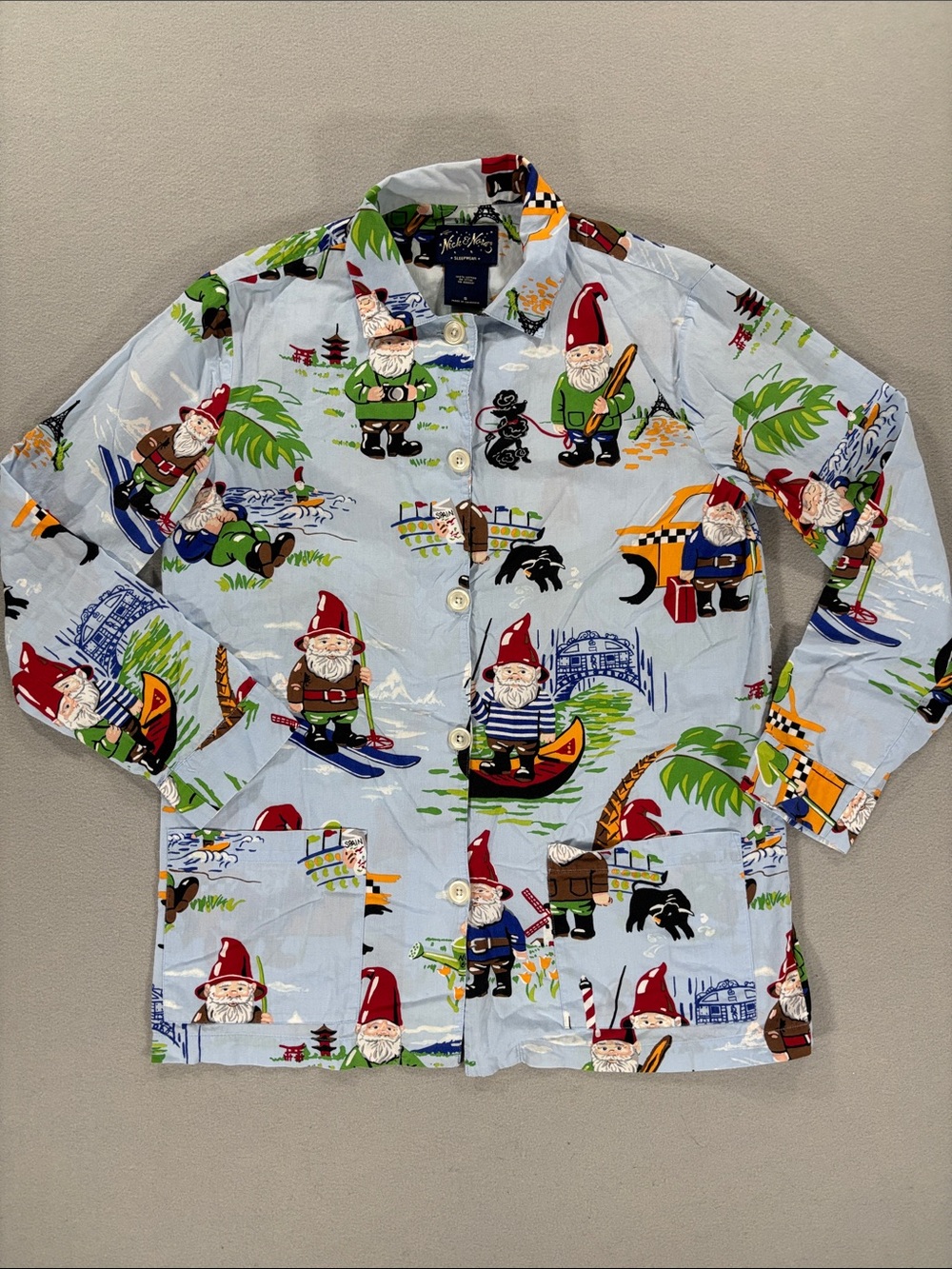 Nick & Nora Light Blue Gnome Print Button-Up pajama Shirt S